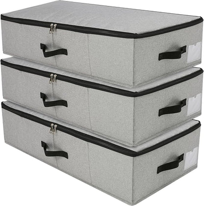 AMJ Under Bed Storage Organizer, Set of 3, Underbed Closet Storage Solution for Closet Organizers Storage Containers with Durable Handles Thick Fabric, Breathable, Linen Dark Gray