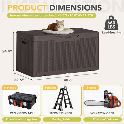Greesum 100 Gallon Resin Deck Box Lockable Large Outdoor Storage Boxes for Garden Tools, Patio Furniture Cushions, Pool Supplies, Dark Brown