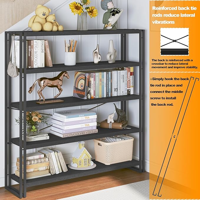 HCHQHS Bookshelf, 5-Tier Industrial Bookcase, Black Open Book Shelf, Freestanding Tall Bookshelves with Metal Frame