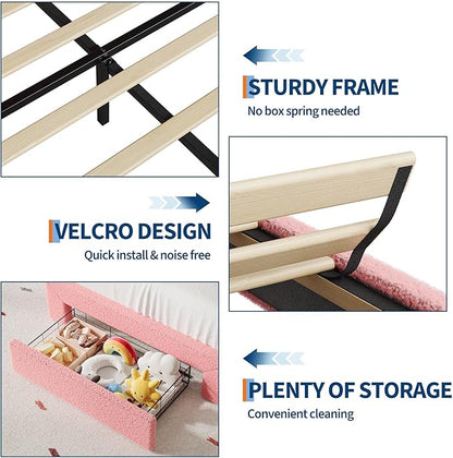 IDEALHOUSE Queen Bed Frame with LED Headboard and Under-Bed Drawer, Metal Upholstered Platform Bed with LED Light for Kids, Girls, Lamb Fleece Fabric, Wooden Slats Support, No Box Spring Needed, Pink