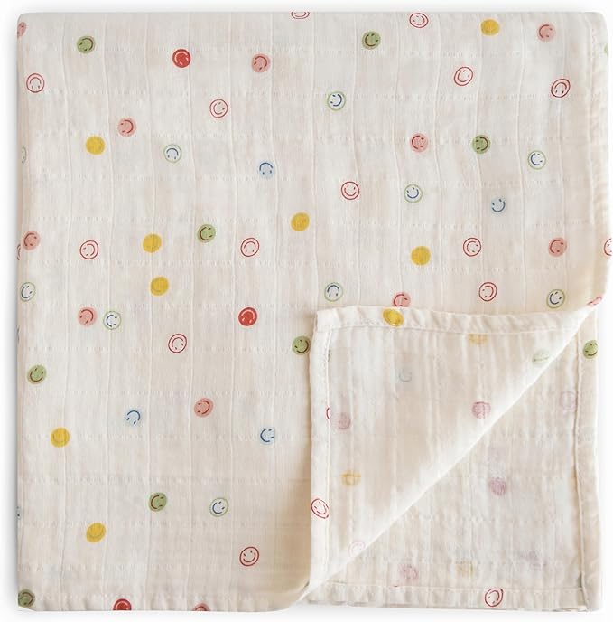 mushie Muslin Baby Swaddle Blanket | 100% Organic Cotton (Smiley Face)