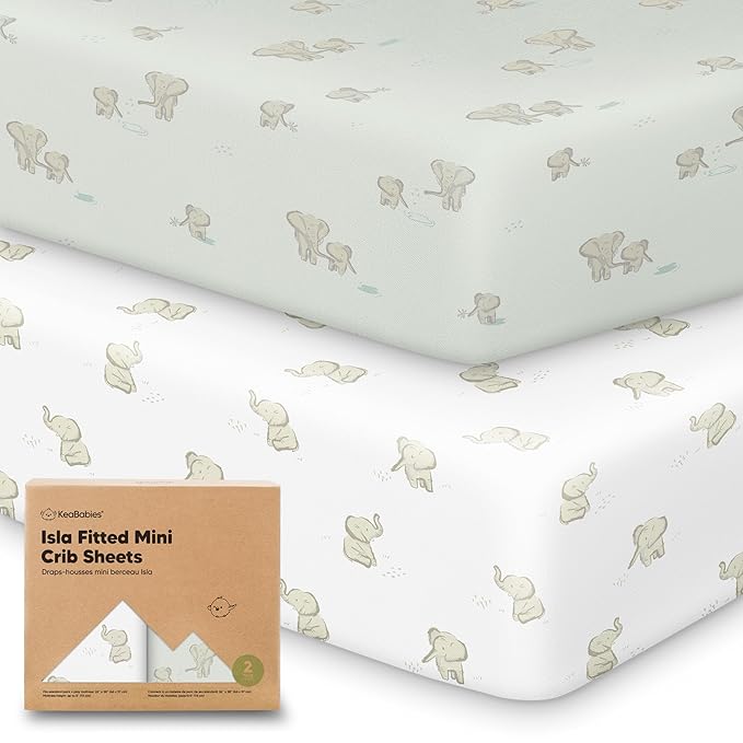 Pack and Play Sheets Fitted - 2-Pack Mini Crib Sheets for Pack N Play Mattress 38x26, Soft & Cozy, Neutral Toddler Playard Bedding, Snug Fitted Mini Baby Crib Mattress Cover Boy, Girl (Elly)