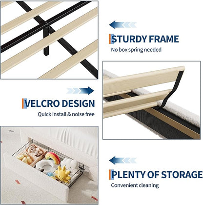 IDEALHOUSE Twin Bed Frame with LED Headboard and Under-Bed Drawer, Metal Upholstered Platform Bed with LED Light for Kids, Girls, Lamb Fleece Fabric, Wooden Slats Support, No Box Spring Needed, White