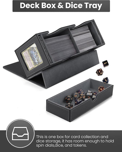 MRAUF MTG Deck Box with Double Commander Display and Dice Tray, Fits 200+ Double Sleeved Cards, Card Storage Box Plus 2 Magnetic Holders& 100Pcs Card Sleeves (Black)