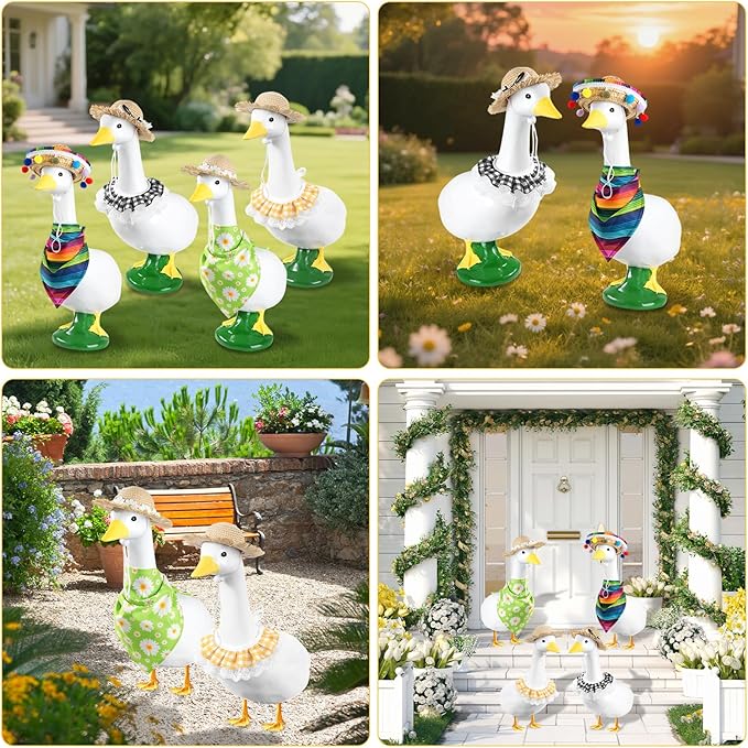 4 Set Porch Goose Outfits for 23"& 17" Goose Statue, Straw Hats & Bow Tie Porch Goose Cloth Set for Outdoor Yard, Garden and Lawn Patio Decor