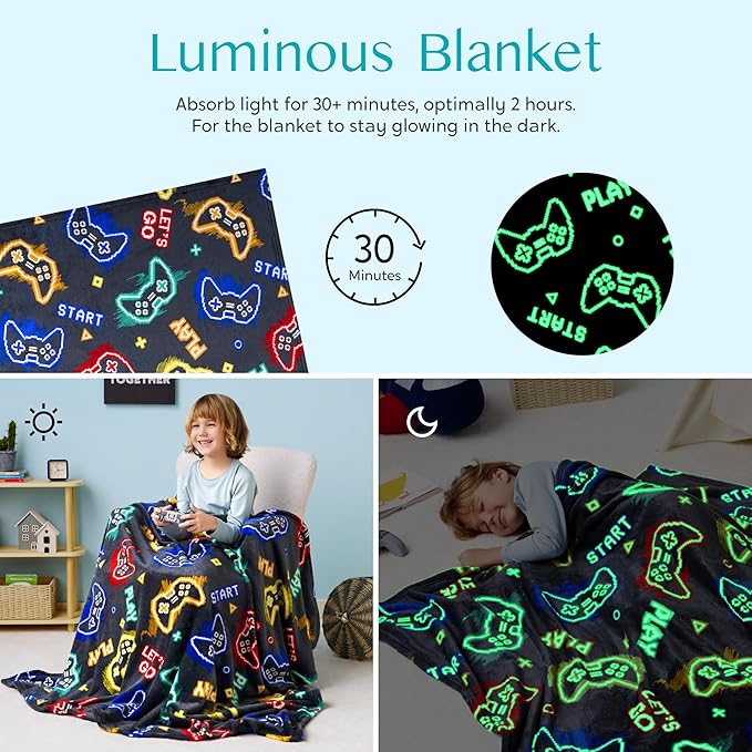 Joiedomi Glow in The Dark Gaming Blanket Gamer Gifts for Boys Age 2 3 4 5 6 7 8 9 10 11 12 Year Old, Soft Cozy Flannel Kids Throw Blanket, Birthday Bedroom Decor Grey 50"×60"