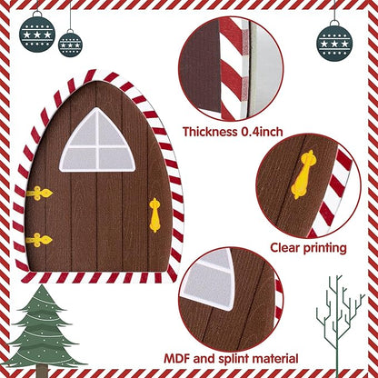 Haooryx Christmas Magic Wooden Miniature Fairy Doors Accessories - 22Pcs Christmas Elf Magic Door for Wall Fairies Magical Door Decoration Christmas Party Outdoor Xmas Decor (Red & White Border)