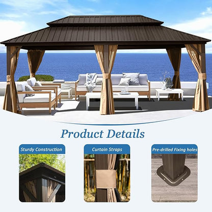 Domi 12' x 20' Hardtop Gazebo Permanent Metal Gazebo with Galvanized Steel Double Roof, Curtains and Netting for Party, Wedding, Outdoor Dining, Patio, Backyard, Brown