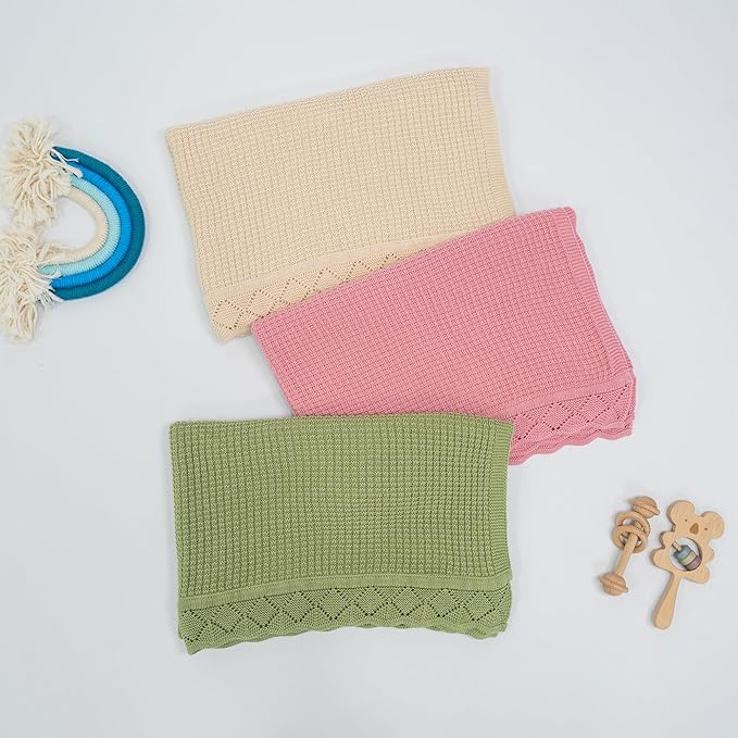 Baby Knit Blanket, 100% Cotton Waffle Patterns, Soft, Cozy, Lightweight Swaddle for Newborn & Infant Swaddling Beige Neutral, Perfect Baby Shower Ideas Red 28x36