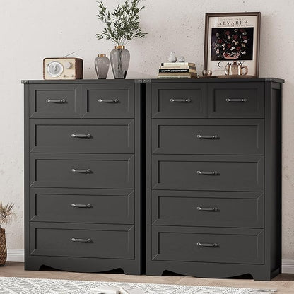 Dresser for Bedroom with 6 Drawers, 46" Tall Wood Chest of Drawers with Deep Drawers & Mental Handle, Modern Dresser TV Stand, Wooden Closet Storage Organizer for Living Room, Hallway, Entryway, Black