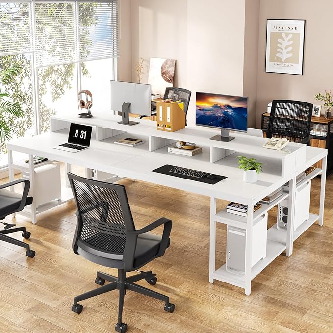 Tribesigns Two Person Desk with Monitor Stand, 78.74" Long Double Computer Office Desk with Storage Shelves, Large Gaming Desk Study Writing Table Workstation for Home Office (White)