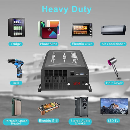 2000 Watt Pure Sine Wave Power Inverter, 12V DC to 110/120V AC Inverter with 3 AC Outlets, Remote, PD 3.0 USB Port, QC 18W, Remote Controller, LED Display,For RV Solar Systems,Semi Truck,Vehicles,Boat