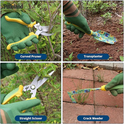 10-Piece Garden Tool Set – Green Floral Print Gardening Hand Tools with Non-Slip Handles, Heavy Duty Rust-Proof Aluminum Tools, Organizer Tote Bag, Ideal Gardening Gifts for Women & Grandma