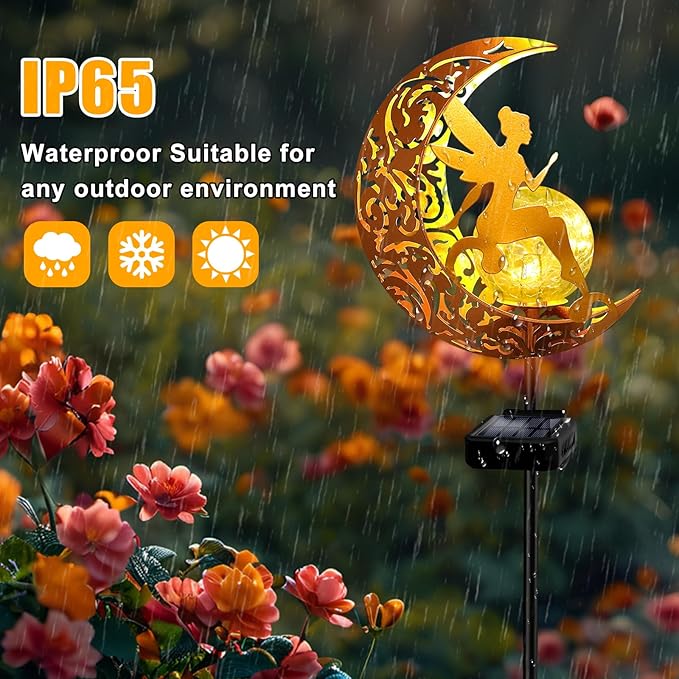 YJFWAL 2 Pack Garden Solar Lights Pathway Stake Lights Moon Fairy Glass Globe with Angel Decor, Gardening Birthday Gift for Mom Grandma Friends, Outdoor Decor Light Waterproof for Walkway, Yard, Patio