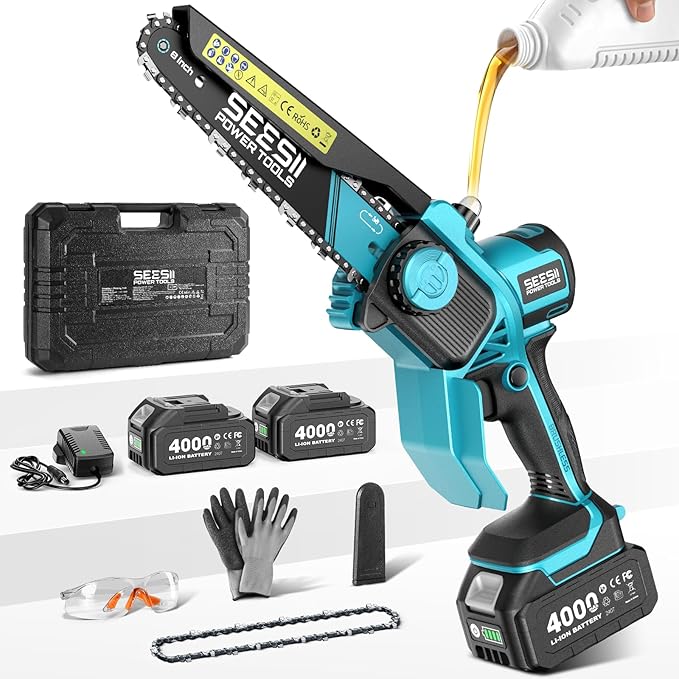 SEESII 8-Inch Cordless Mini Chainsaw, 2025 Upgraded Brushless Motor, Electric Chainsaw with 2×4000mAh Batteries, Tool-Free Chain Tension & Oiler, Handheld Saw for Fast Tree Branch Cutting（M8 Boost）
