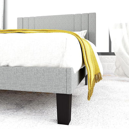 Tyndall Queen Size Bed Frame, Linen Fabric Upholstered Platform with Headboard