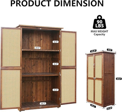 60 Inches Outdoor Storage Shed, Wood Shed with Rattan Indoor Storage Cabinet with Floor, Adjustable Shelves for Patio, Garden,Lawn and Living Room, Carbonized Black