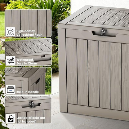 30-Gallon Outdoor Deck Box with Wood-Grain Finish, UV Resistant Waterproof Storage Container with Lock, Storage Box for Camping, Garden & Backyard, Multi-Functional Seat and Table, Light Brown