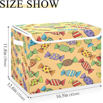 Colorful Candy Pattern Storage Bins with Lids Foldable Storage Basket with Handles Collapsible Large Fabric Organizer Containers for Clothes Shelves Closet Office Home