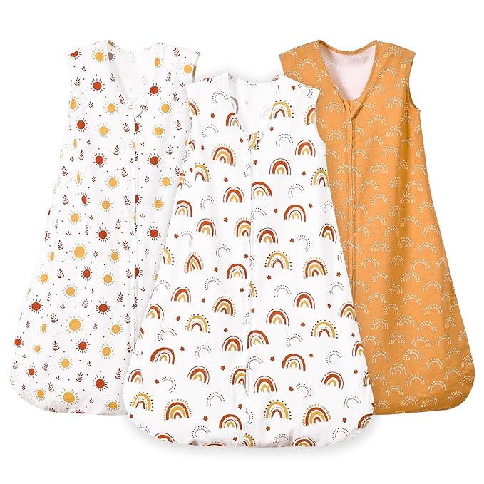 PHF Soft Baby Sleep Sack 6-12 Months 100% Organic Cotton Wearable Blanket, 2-Way Zipper 0.5 TOG Toddler Sleeping Sack 3 Pack, Comfy Sleep Bag for Baby Boys Girls, Rainbow (Medium)