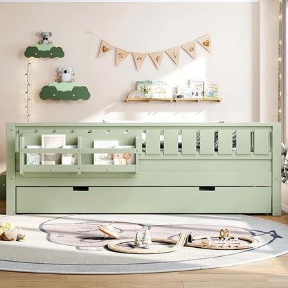 Bellemave Full Bed with Trundle and Stairs, Full Size Platform Bed Frame with Fence and Bookshelf, Easy Assemble Beds for Kids, Girls, Boys, Green