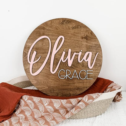 Custom Round Nursery Name Sign, Personalized Wooden Wall Plaque, 12" 18" 24" 30" 3D Wall Art for Children & Kids Rooms, Baby Shower, Hickory Hollow Designs (Olivia Grace)