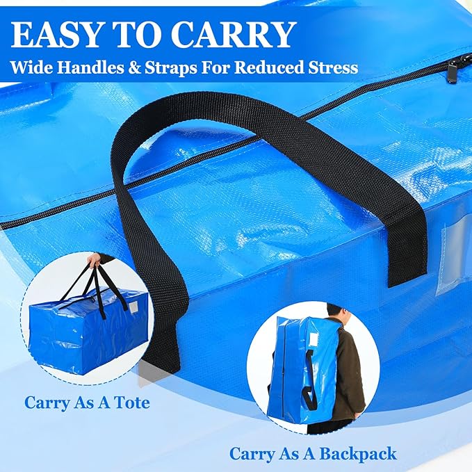 4 Pcs 24 Gallon Large Moving Bags with Zipper and Handles Foldable Storage Duffle Bags Heavy Duty Extra Large Totes for College Dorm Travel Clothes Blankets Bedding Moving (Blue)