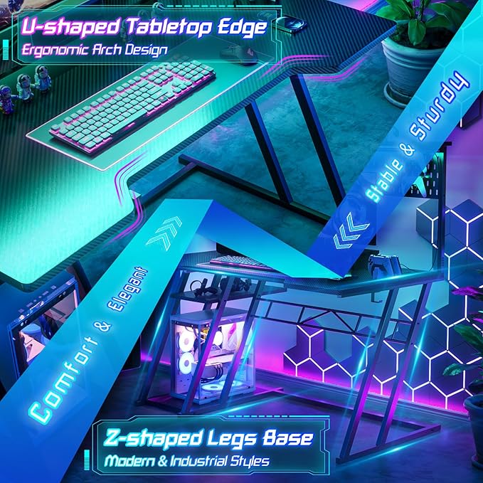 Armocity Gaming Computer Desk with Hutch and LED Lights, 53'' Black Gaming Desk with Storage Shelves, Reversible PC Gamer Desks with Pegboard, Ergonomic Desk for Bedroom, Carbon Fiber Surface