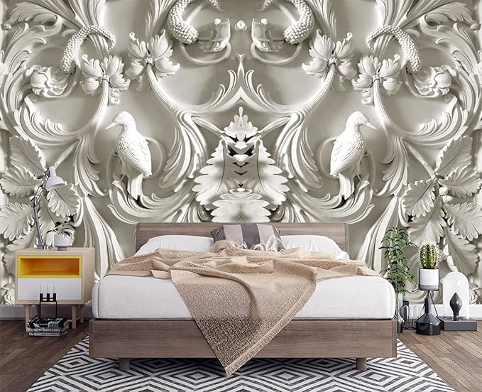 White Gypsum Art Wall Mural Wallpaper for Bedroom 103" x 69"