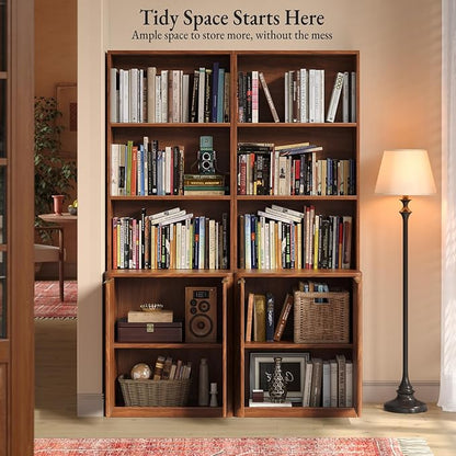 71" Walnut Bookcase with Doors, 5 Tier Fluted Tall Bookshelf with Storage, Librero with Cabinet for Home Office, Living Room,or Bedroom