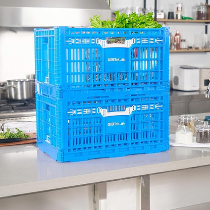 Restaurantware Plastic Milk Crates for Storage - 10 Pack - Cater Tek Stackable Storage Buns for Organizing - Collapsible Storage Basket for Groceries, Home Supplies, Blue