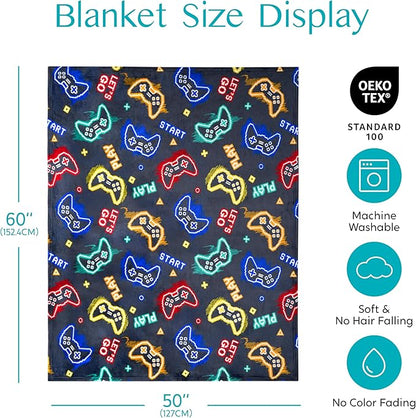 Joiedomi Glow in The Dark Gaming Blanket Gamer Gifts for Boys Age 2 3 4 5 6 7 8 9 10 11 12 Year Old, Soft Cozy Flannel Kids Throw Blanket, Birthday Bedroom Decor Grey 50"×60"