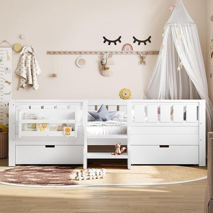 Bellemave Twin Bed with Slats and Stairs, Twin Size Platform Bed Frame with Fence, Bookshelf and Storage Drawers, Easy Assemble Beds for Kids, Girls, Boys, White
