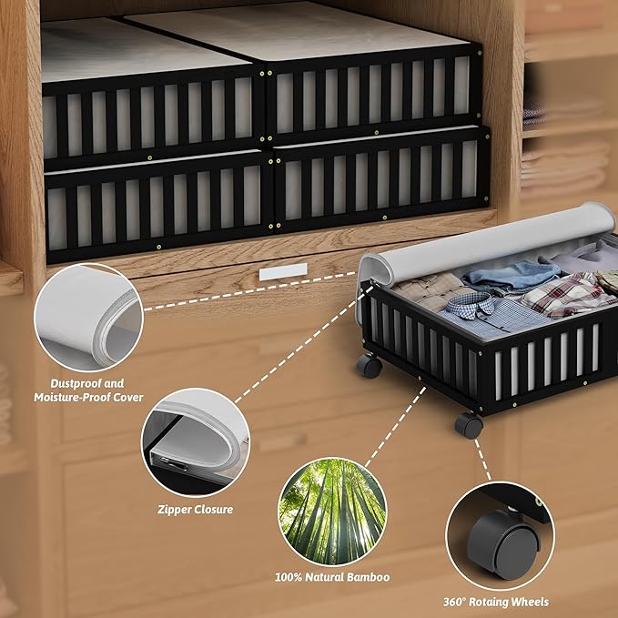 Bamboo Under Bed Storage Containers with Wheels, 2 Pack Under the Bed Shoe Storage Bins, Wood Rolling Underbed Drawers Organizer for Bedroom, Closet, Clothes Blanket Comforter and Under Crib Toy Black