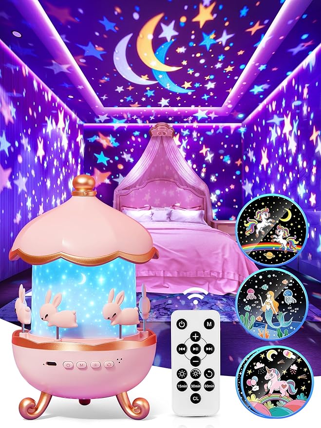Carousel Night Light for Kids, 15 Music+15 Films+315 Colors Star Projector for Kids Night Light Projector,360°+Remote+1200mah Star Lights for Ceiling,Unicorn Toys for Girls Room Decor Christmas Gifts