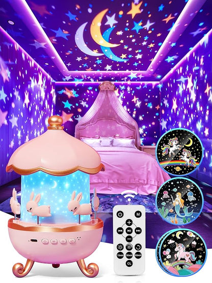 Carousel Night Light for Kids, 15 Music+15 Films+315 Colors Star Projector for Kids Night Light Projector,360°+Remote+1200mah Star Lights for Ceiling,Unicorn Toys for Girls Room Decor Christmas Gifts