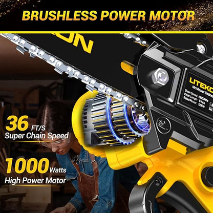 Mini Chainsaw with 1000 Watt High Power Motor, 36 FT/S Cordless Power Chainsaw with Auto-Oil System, 2025 Upgraded 6Inch 20V Electric Chain Saw with 2x2000mAh Battery & Quick Charger, 3 Chains