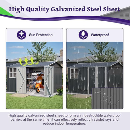 10X8FT Outdoor Steel Storage Shed with Clear Window, Lockable Doors, Weather-Resistant Metal Tool Shed for Garden, Backyard, Patio, and Utility Storage,Gray