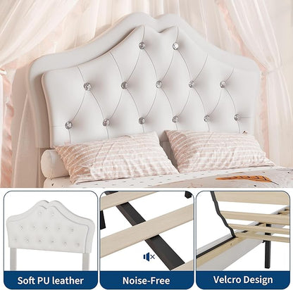 Garvee Twin Size Bed Frame with LED Lights & Velvet Crystal Button Headboard, Upholstered Boy/Girl Platform Bed with Storage Drawer, Noise Free, No Box Spring Needed for Kids, Teens, Beige