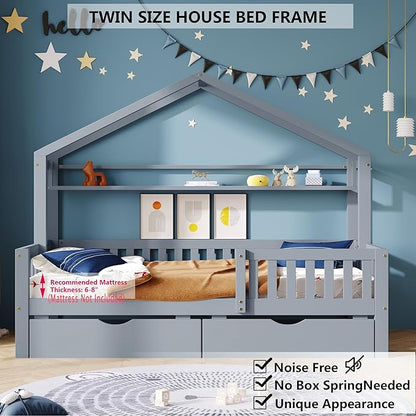Aoowow Twin Size House Bed with Storage Drawers and Shelf,Kids Wooden Bed Frame Twin Platform Bed with Slats and Fence for Boys Girls Teens for Bedroom(Grey)