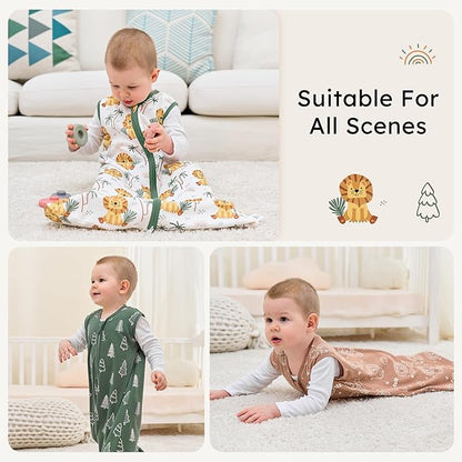 Baby Sleep Sack 12-18 months, 100% Cotton Sleeping Sack for Toddler, 3 Pack Baby Wearable Blanket, 0.5 Tog Lightweight Double Zipper Sleep Bag Large Brown Green Lion