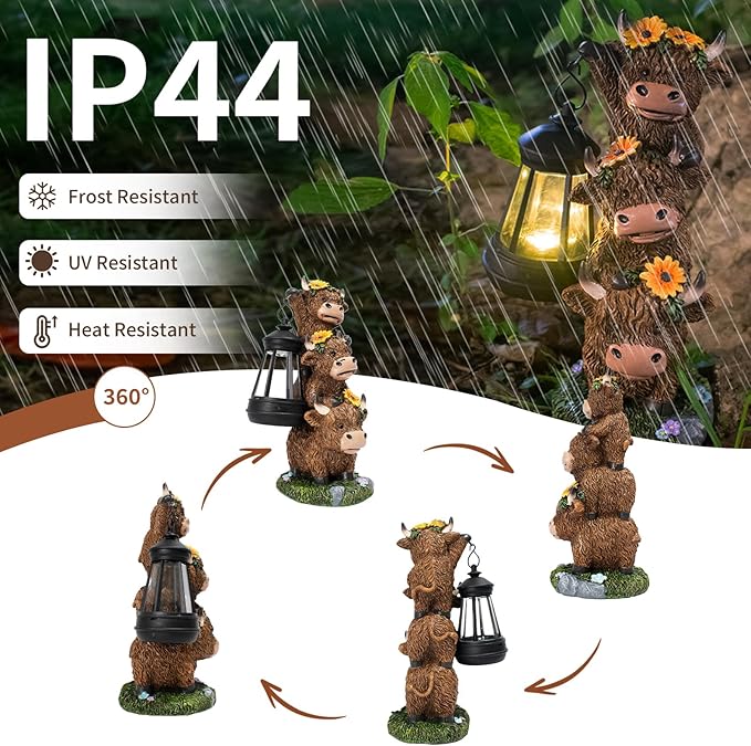 Solar Three Highland Cow Statues Outdoor Garden Decor with Latern Funny for Yard Lawn Ornaments Porch Patio Balcony Home Birthday Easter Gifts for Women Grandma Mom