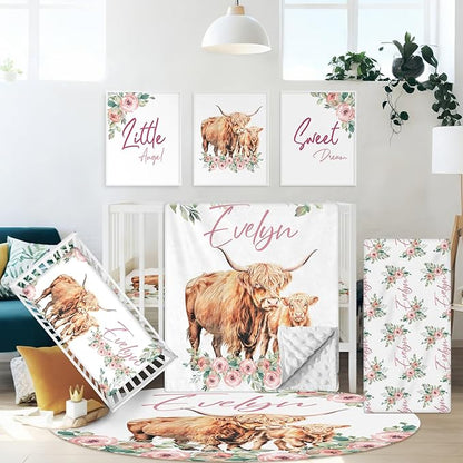 Custom Baby Crib Bedding Set, 5 Pcs Personalized Name Highland Cow Print Baby Crib Set, Double Layer Nursery Bedding Set for Baby Girls Boys, Ideal Gifts for Infant Toddler New Parents