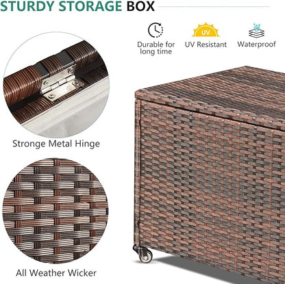 AVAWING 70 Gallon Wicker Deck Box, Outdoor Storage Container with 2 Universal Wheels & Hinged Lid, Patio Rattan Furniture for Garden Tools, Pillows, Pool, Brown