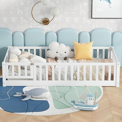 Bellemave Twin Size Floor Bed Frame with Fence and Door for Kids, Montessori Floor Bed with Slats and Safety Guardrails,Solid Wood Twin Bed Frame for Girls Boys,White