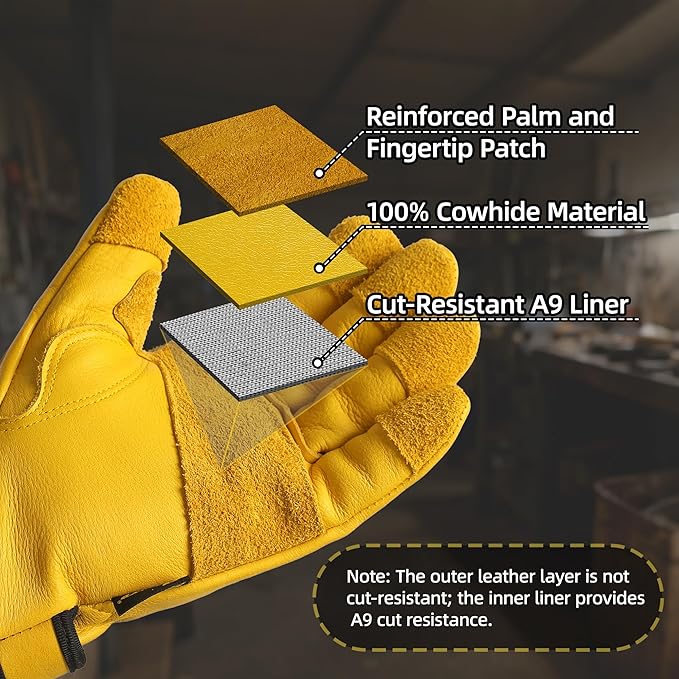 Schwer ANSI A9 Cut Resistant Leather Work Gloves, PM3401 Cut Proof Gloves, Reinforced Fingertips & Palm Cowhide Work Gloves for Construction, Welding, Metalwork, Woodwork & Outdoor Gardening Work, S