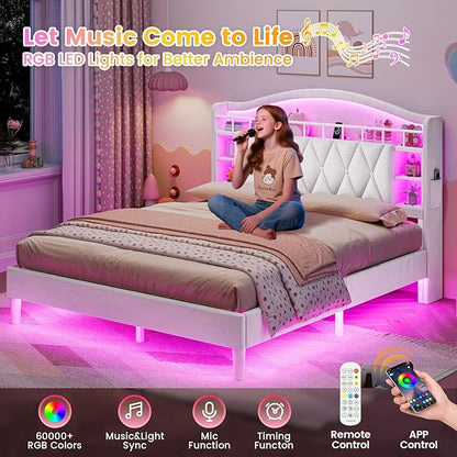 ADORNEVE Queen Bed Frame with LED Lights, Princess Velvet Upholstered Platform Bed for Girls, Headboard with Charging Station & Guardrail & Crystal Button, No Box Spring Needed, Beige
