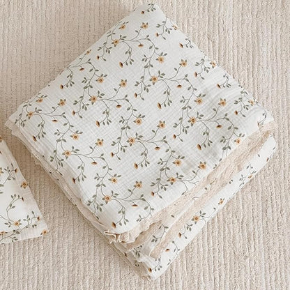 BuLuTu Cotton Muslin Toddler Comforter Shabby Chic Floral Design Twin Bed Blankets for Children Soft Lightweight Girls Boys Quilted Blanket, Wildflower Pattern, 60"x78"