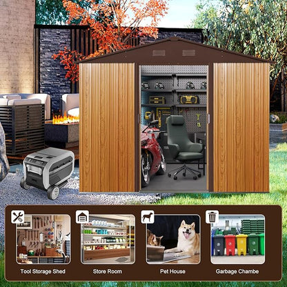 8 x 6 FT Outdoor Storage Shed, Metal Garden Shed with Floor Frame, Tool Shed Outdoor Storage with Lockable Sliding Doors & Air Vents, Storage House Waterproof for Backyard, Lawn, Coffee