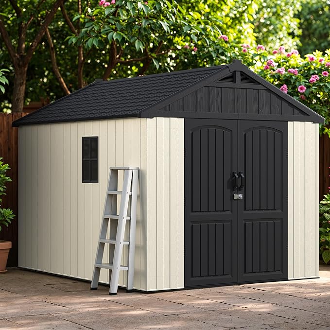 Greesum 8×10 FT Plastic Outdoor Storage Shed with Floor, Resin Sheds with Lockable Door and Window, Weather Resistant Organization for Garden, Lawn, Pool Supplies, Beige